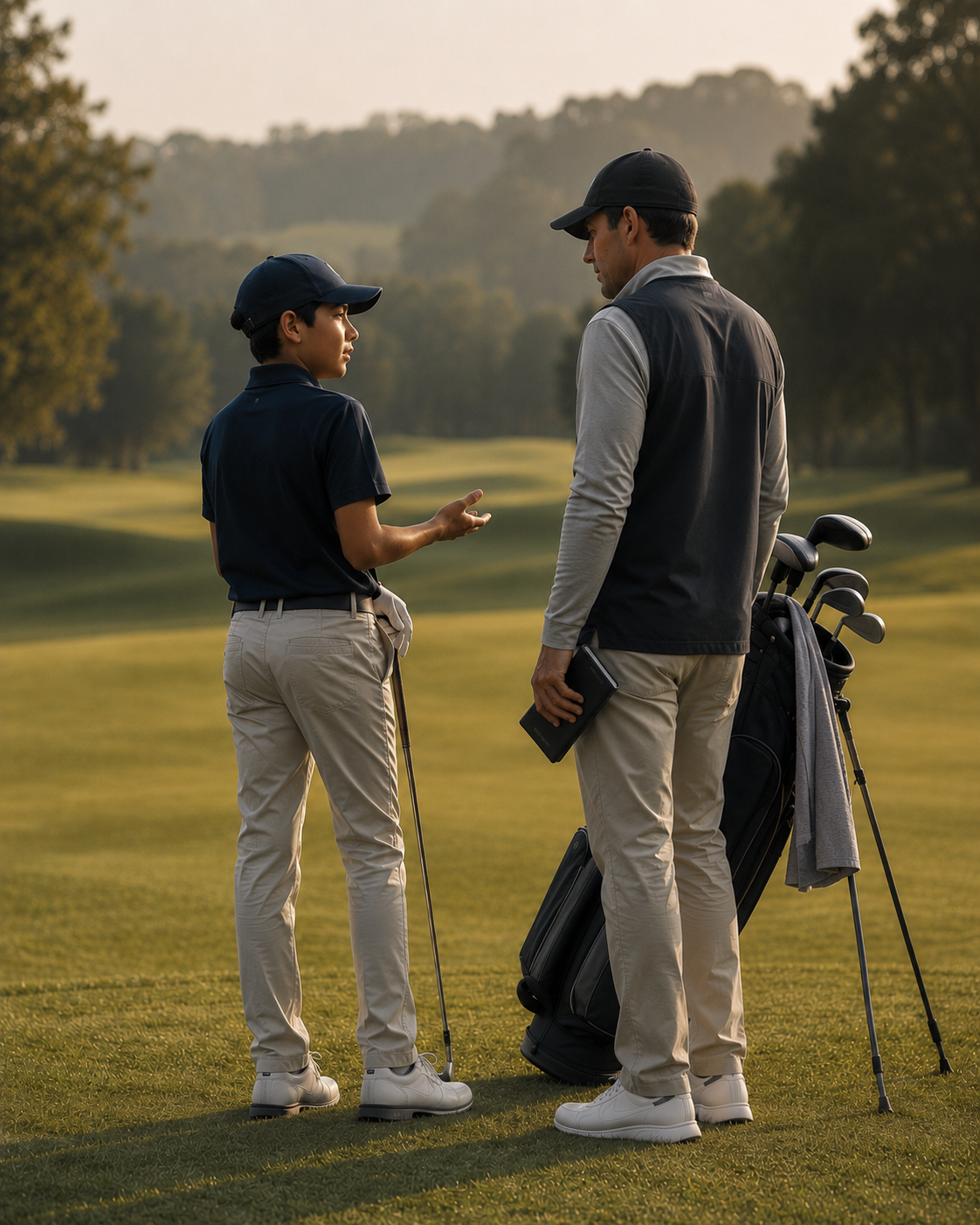 Golfista juvenil conversa con su caddie o coach mientras el adulto escucha junto a la bolsa de golf.