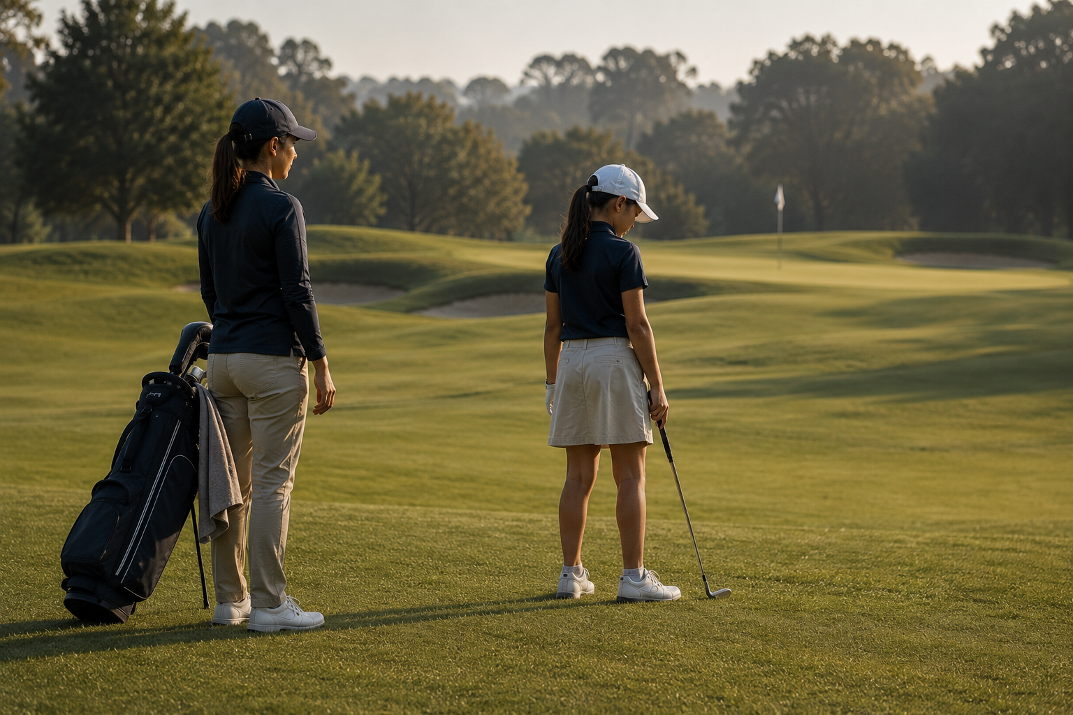 Madre acompaña como caddie a una golfista infantil y le da espacio después de un momento difícil en el campo.